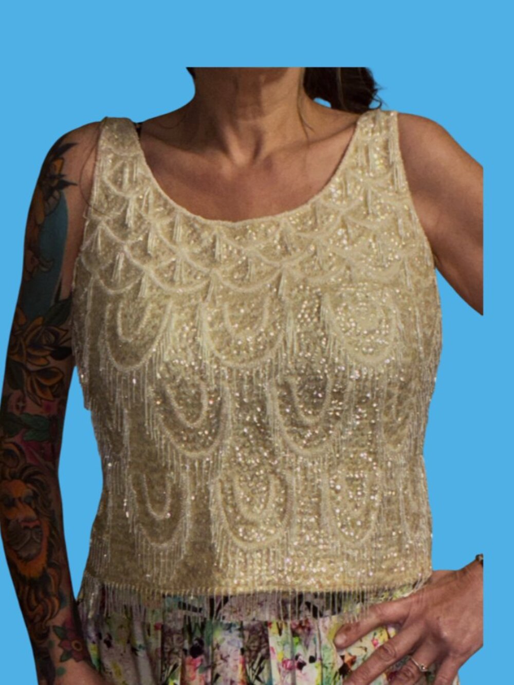 Sz.L*Thayer Sophisticates*Vintage Cream-Colored Beaded & Sequined Tank Top